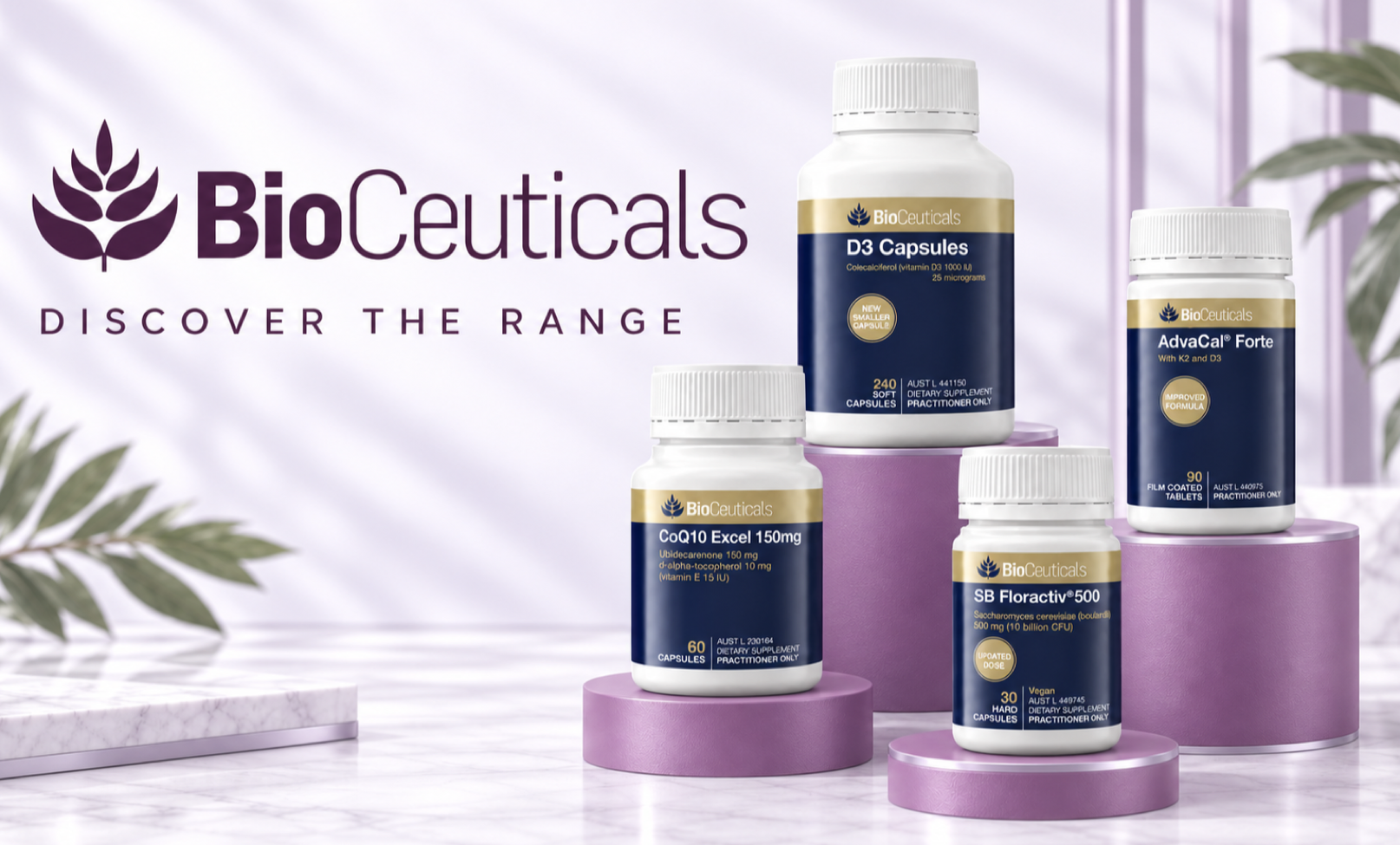 BioCeuticals D3 Capsules, AdvaCal Forte, CoQ10 Excel 150mg and SB Floractiv 500