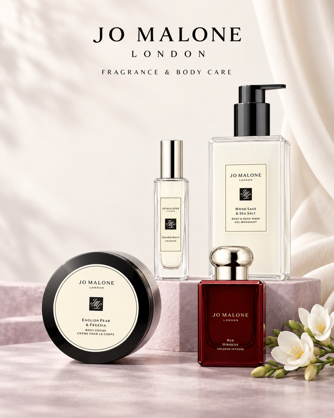 Jo Malone London Grapefruit Cologne, Wood Sage and Sea Salt Body and Hand Wash, Red Hibiscus Cologne Intense, and English Pear and Freesia Body Creme