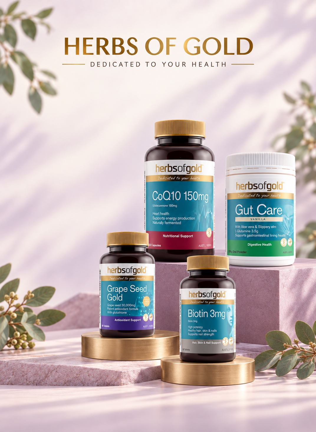 Herbs of Gold CoQ10 150mg, Gut Care, Grape Seed Gold and Biotin 3mg