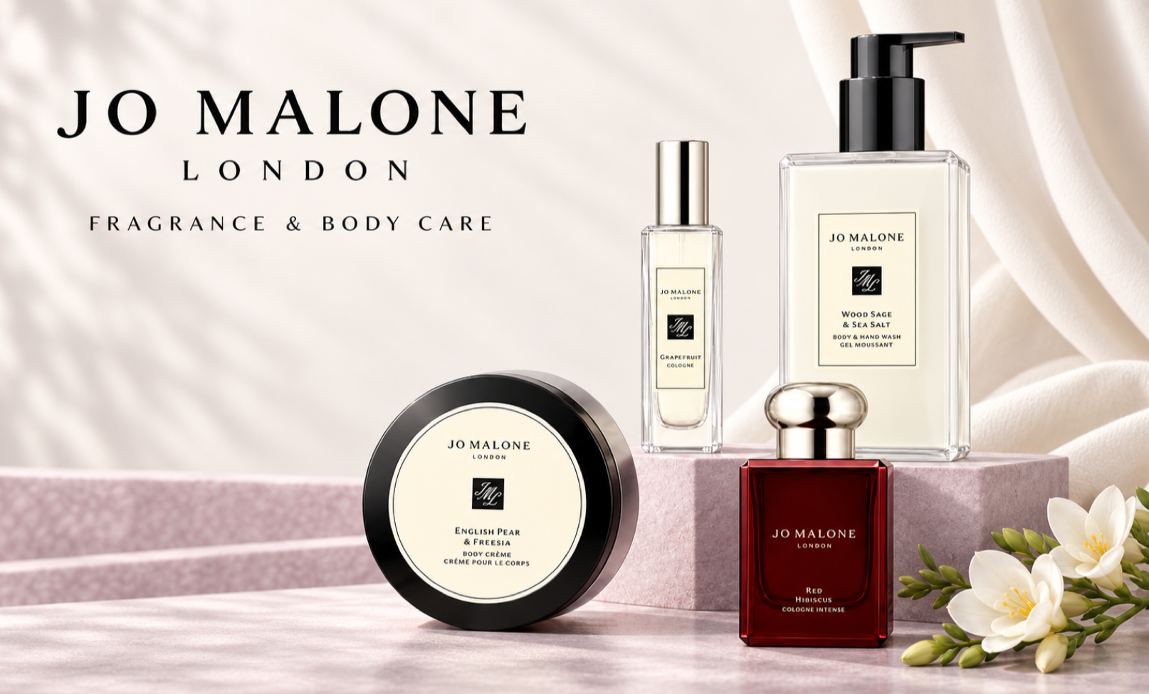 Jo Malone London Grapefruit Cologne, Wood Sage and Sea Salt Body and Hand Wash, Red Hibiscus Cologne Intense, and English Pear and Freesia Body Creme