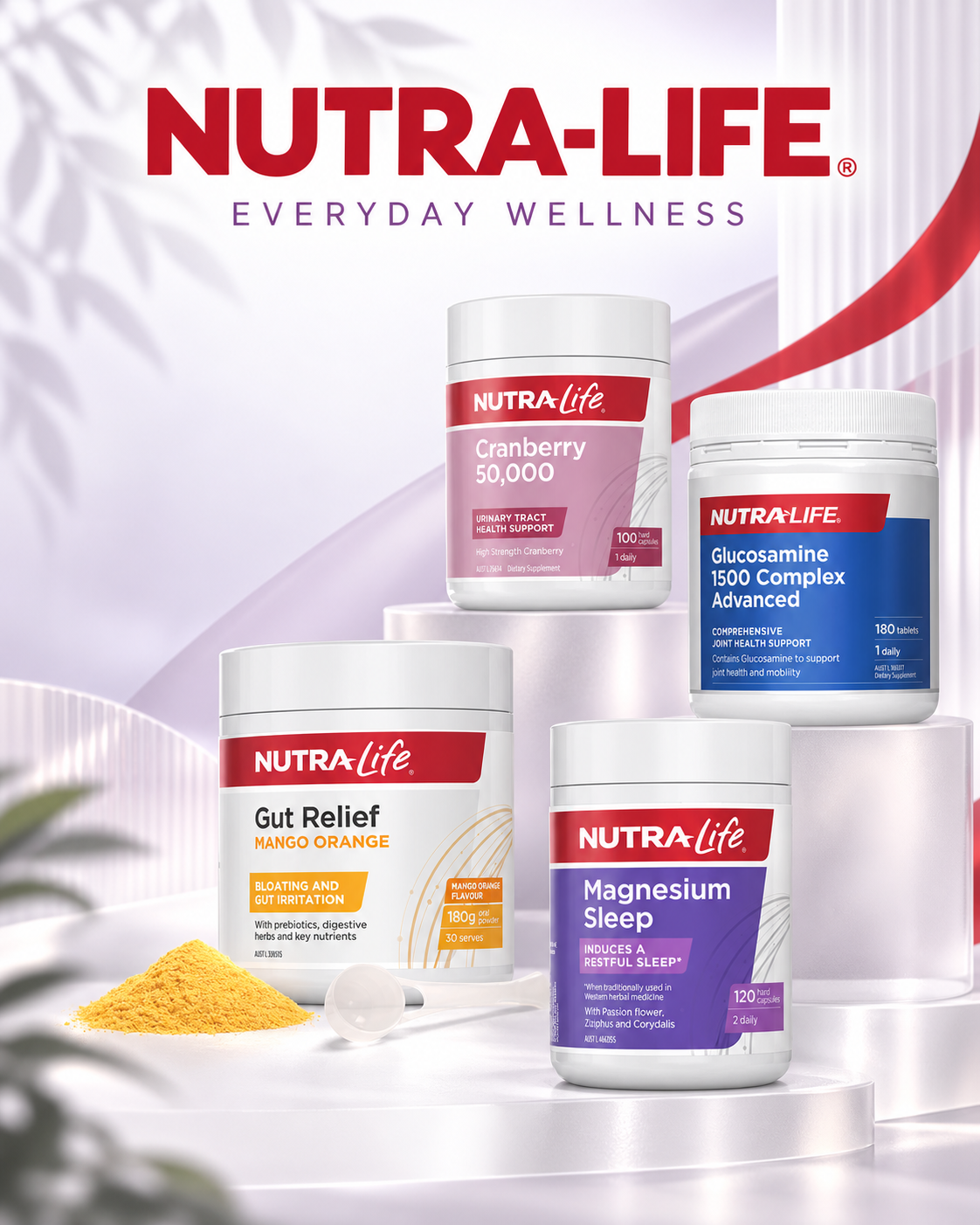 Nutra-Life Cranberry 50,000, Glucosamine 1500 Complex Advanced, Gut Relief Mango Orange and Magnesium Sleep
