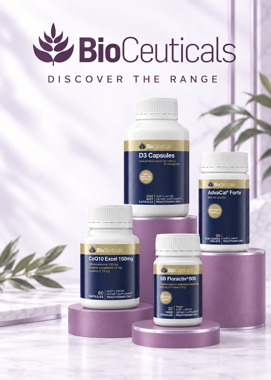 BioCeuticals D3 Capsules, AdvaCal Forte, CoQ10 Excel 150mg and SB Floractiv 500