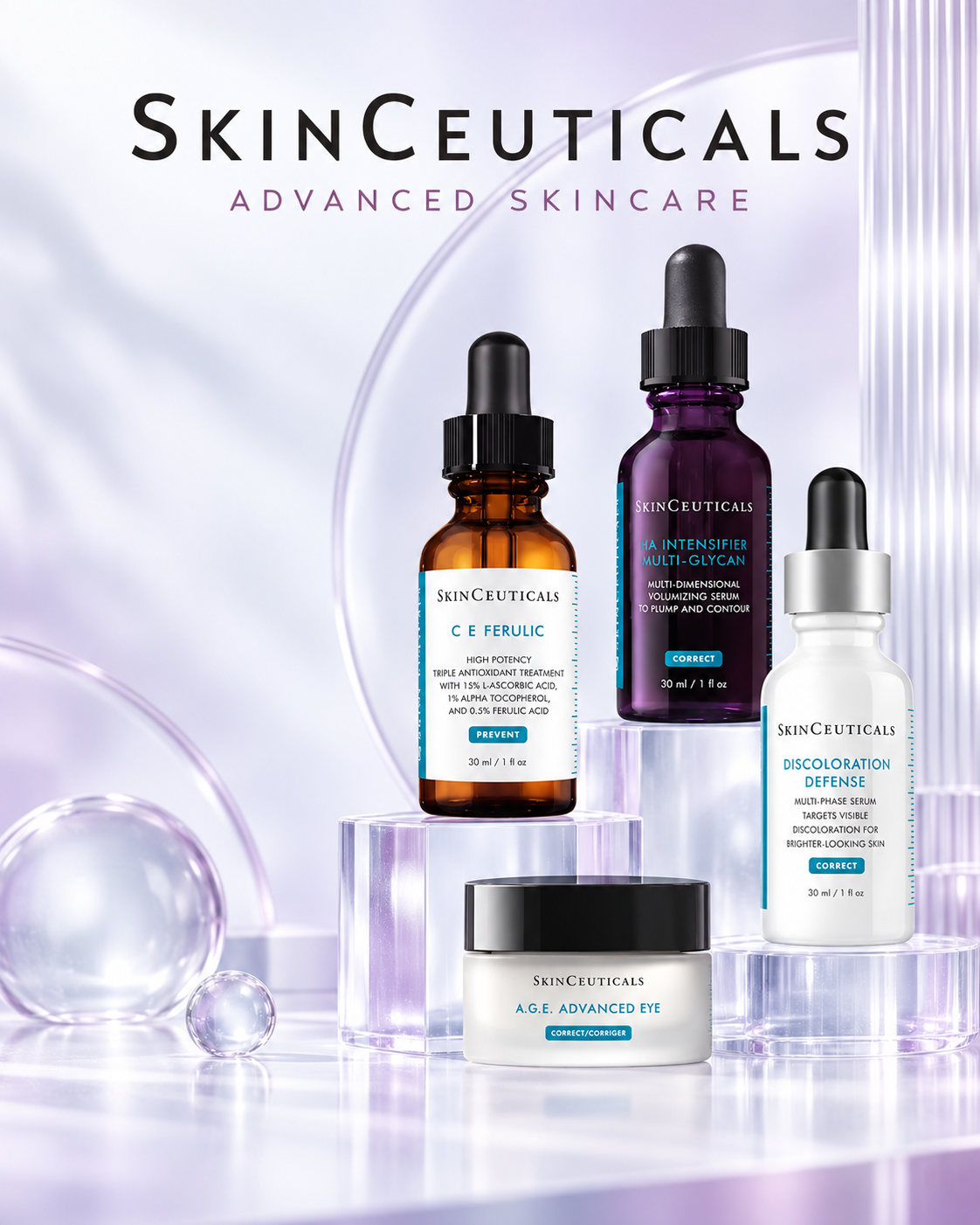 SkinCeuticals C E Ferulic, H.A. Intensifier Multi-Glycan, Discoloration Defense and A.G.E. Eye Complex