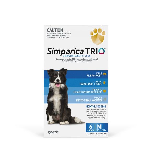 Simparica TRIO for Medium Dogs 10.1-20kg Blue Pack 6 Chews - All-in-One Monthly Parasite Protection 6 Month Supply