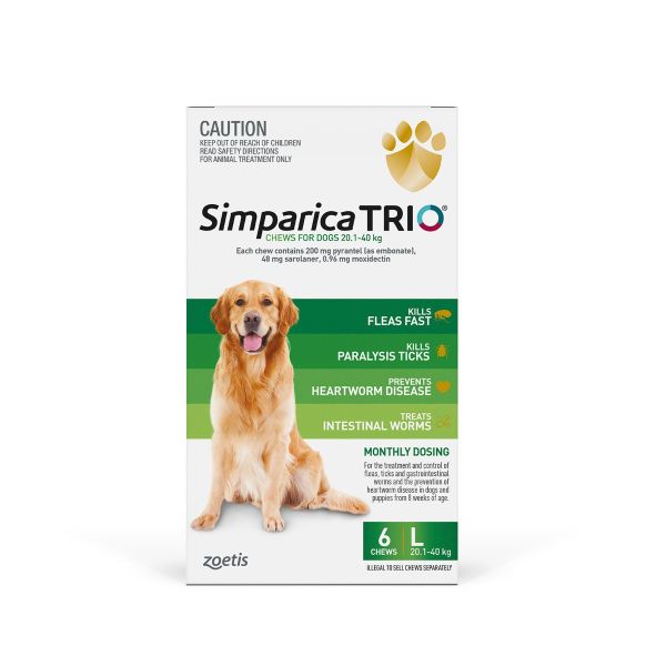 Simparica TRIO for Large Dogs 20.1-40kg Green Pack 6 Chews - All-in-One Monthly Parasite Protection 6 Month Supply