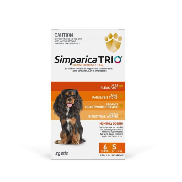 Simparica TRIO for Small Dogs 5.1-10kg Orange Pack 6 Chews - All-in-One Monthly Parasite Protection 6 Month Supply