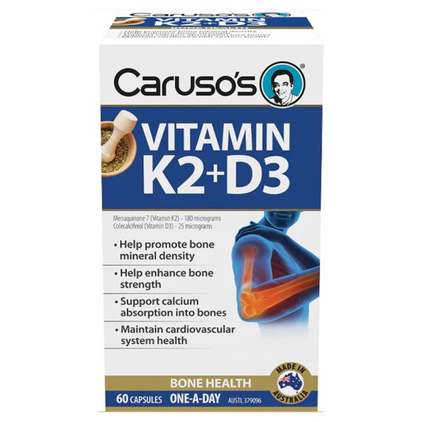 Caruso’s Vitamin K2 + D3 60 Capsules - SKU 9323573006561 - Australian Made Bone and Heart Health Supplement