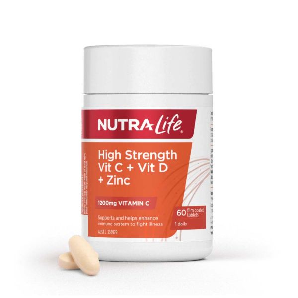 Nutra-Life High Strength Vitamin C + D + Zinc 1200mg 60 Tablets - Triple-Action Immune Support and Antioxidant Complex