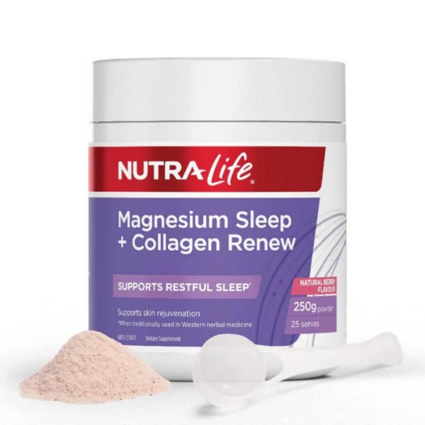 Nutra-Life Magnesium Sleep + Collagen Renew 250g Powder - Natural Berry Flavoured Overnight Beauty and Relaxation Supplement