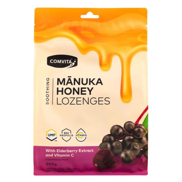 Comvita Manuka Honey Lozenges With Elderberry Extract And Vitamin C 500g - Bulk Family Pack for Immune Support and Throat Soothing