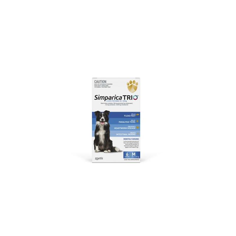 Simparica TRIO For Dogs 10.1- 20kg Blue Medium 6 Chews