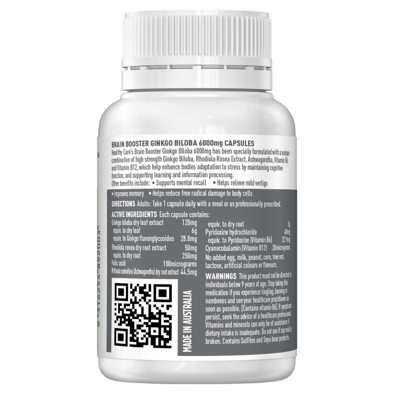 Healthy Care Brain Booster Ginkgo Biloba 6000mg 60 Capsules