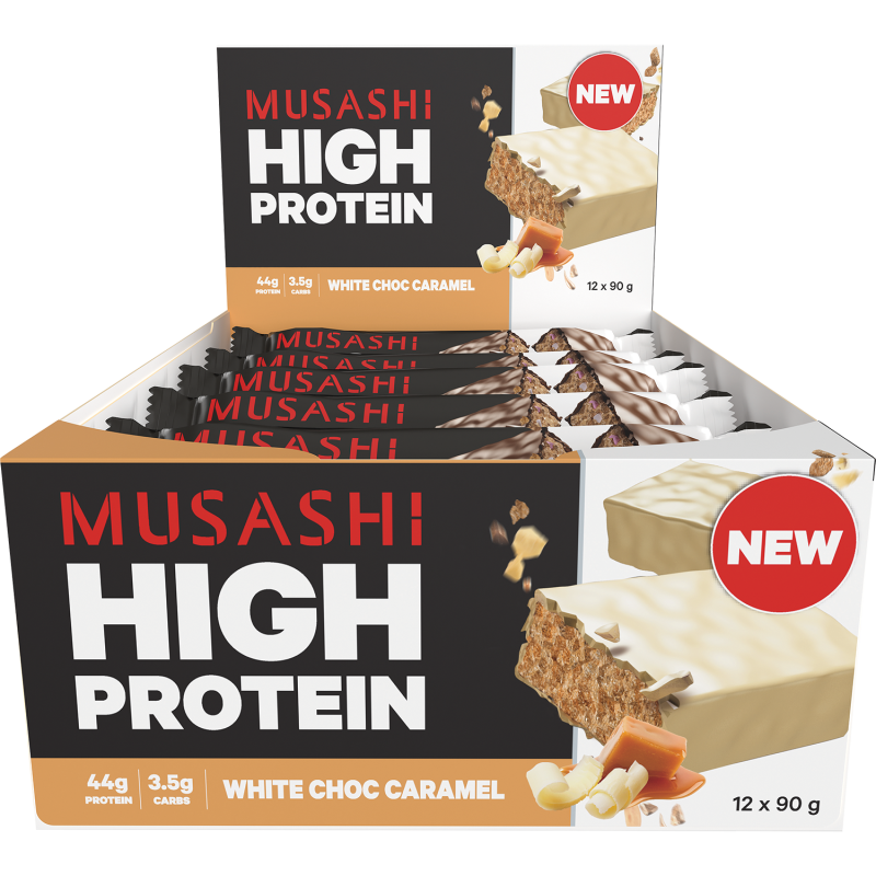 Musashi High Protein White Choc Caramel 90g x 12