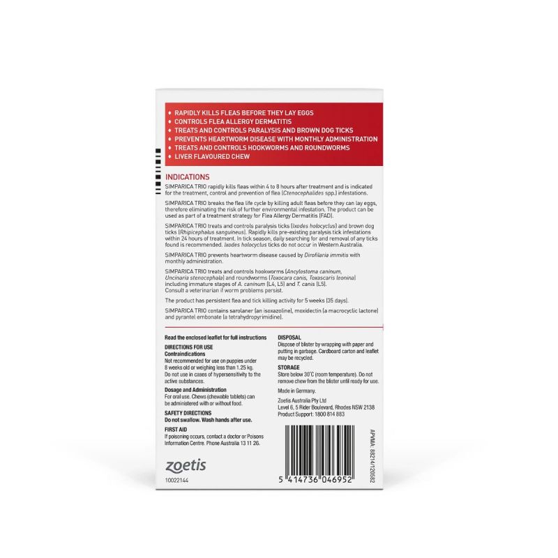 Simparica TRIO For Dogs 40.1-60kg Red XLarge 6 Chews