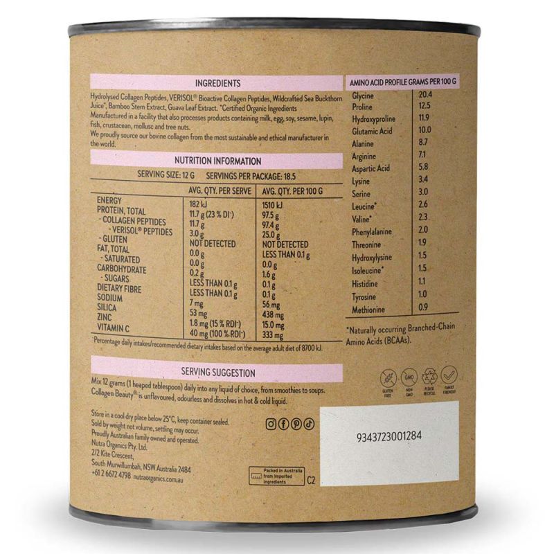 Nutra Organics-Collagen Beauty With Verisol + Vitamin C Unflavoured 225g