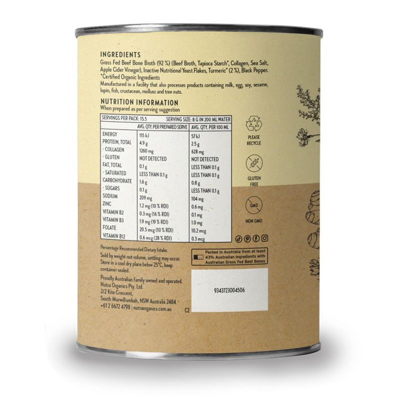 Nutra Organics-Beef Bone Broth Immune Gut Wellbeing Turmeric Flavour 125g