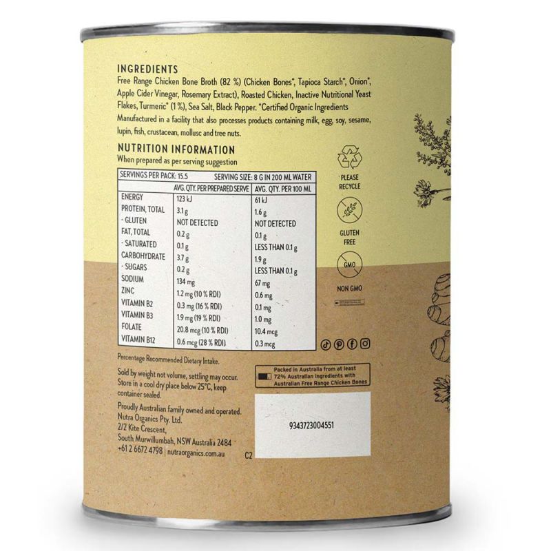 Nutra Organics-Chicken Bone Broth Immune Gut Wellbeing Turmeric Flavour 125g