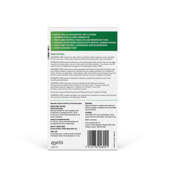 Simparica TRIO for Large Dogs 20.1-40kg Green Pack 6 Chews - All-in-One Monthly Parasite Protection 6 Month Supply