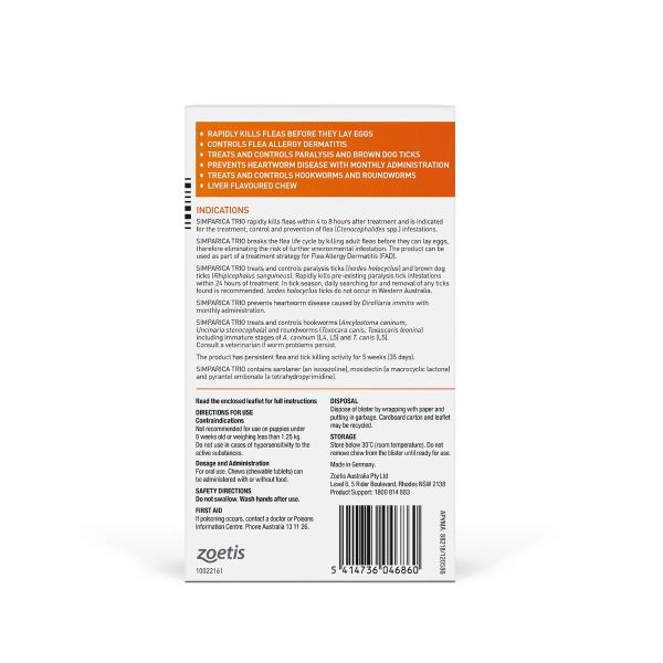 Simparica TRIO for Small Dogs 5.1-10kg Orange Pack 6 Chews - All-in-One Monthly Parasite Protection 6 Month Supply