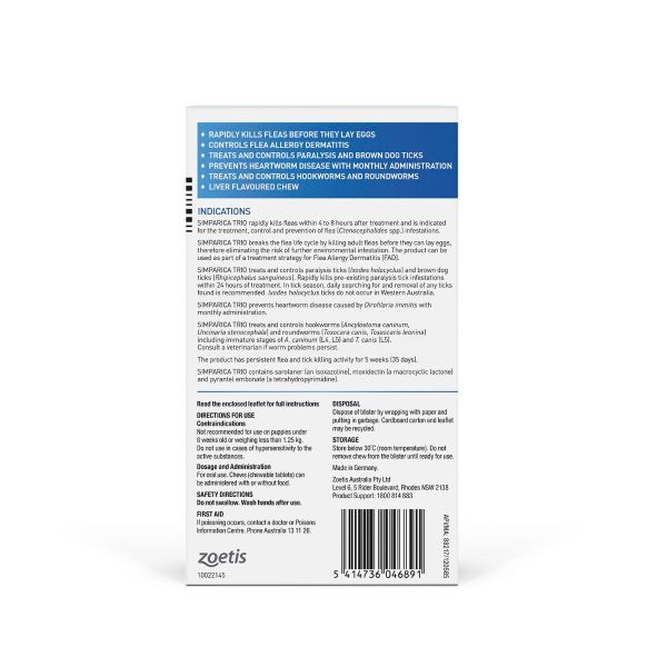 Simparica TRIO for Medium Dogs 10.1-20kg Blue Pack 6 Chews - All-in-One Monthly Parasite Protection 6 Month Supply