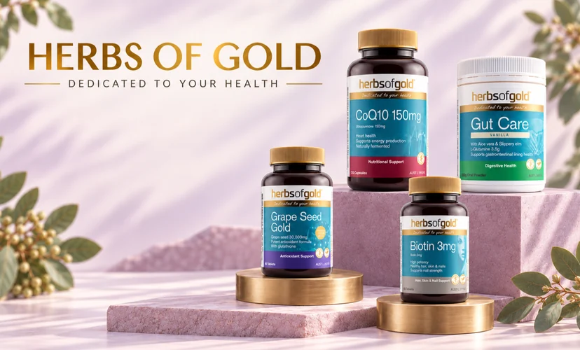Herbs of Gold CoQ10 150mg, Gut Care, Grape Seed Gold and Biotin 3mg