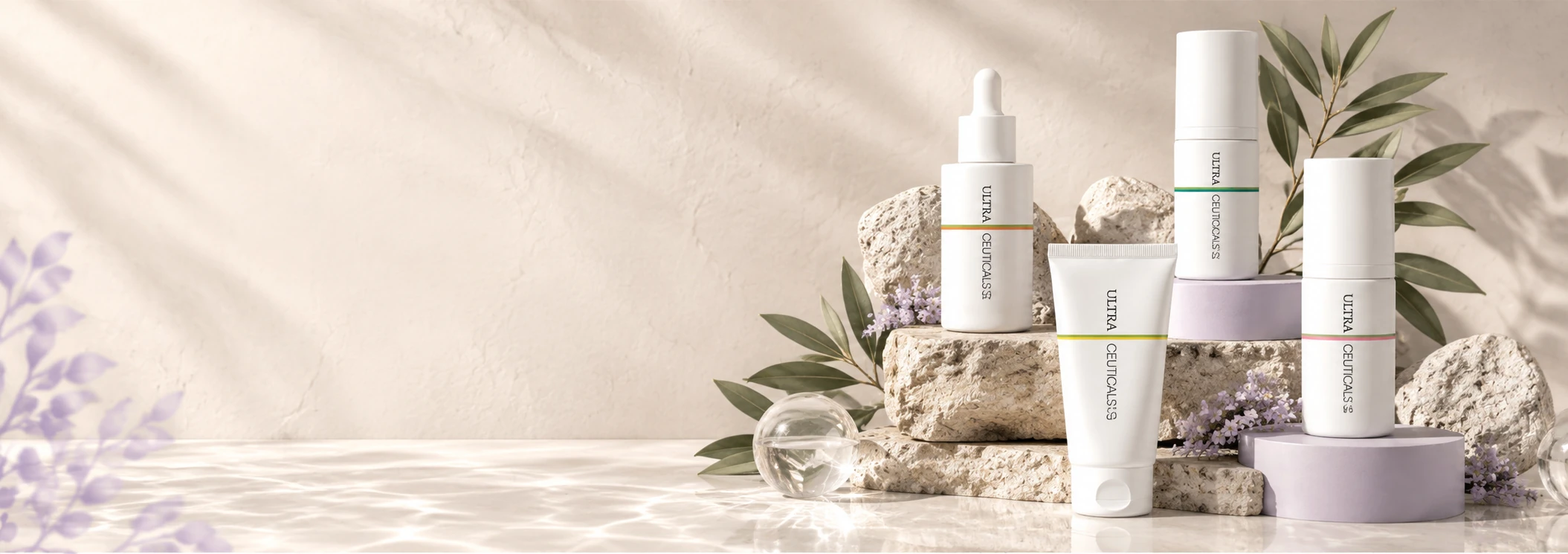 Ultraceuticals skincare products displayed on stone and lavender plinths